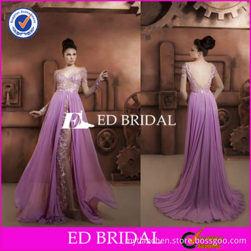 Hot 9903 Sexy Dress Corset Lace Appliqued Chiffon Tulle Purple Long Sleeve Evening Dress